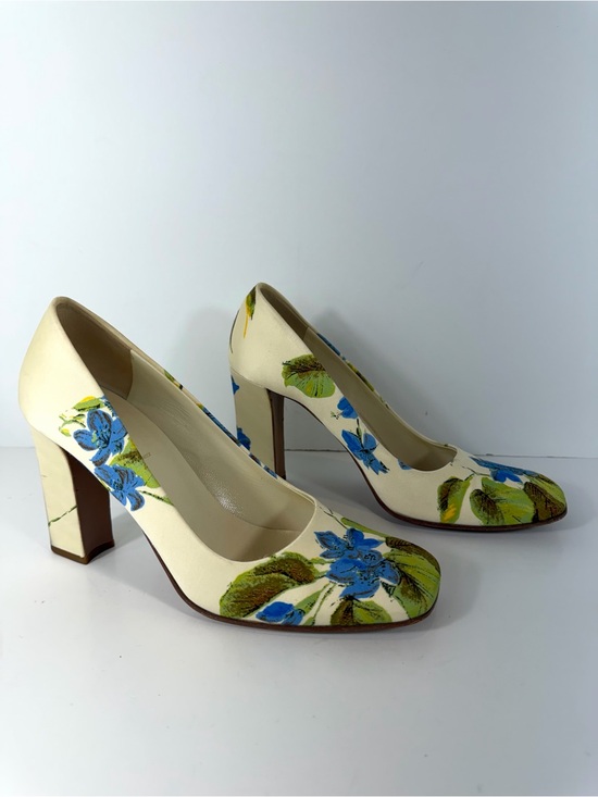 Prada Shoes - Vintage Prada Floral Print Satin Block Heel Pumps - Cream, Size 38.5 (US 8.5)